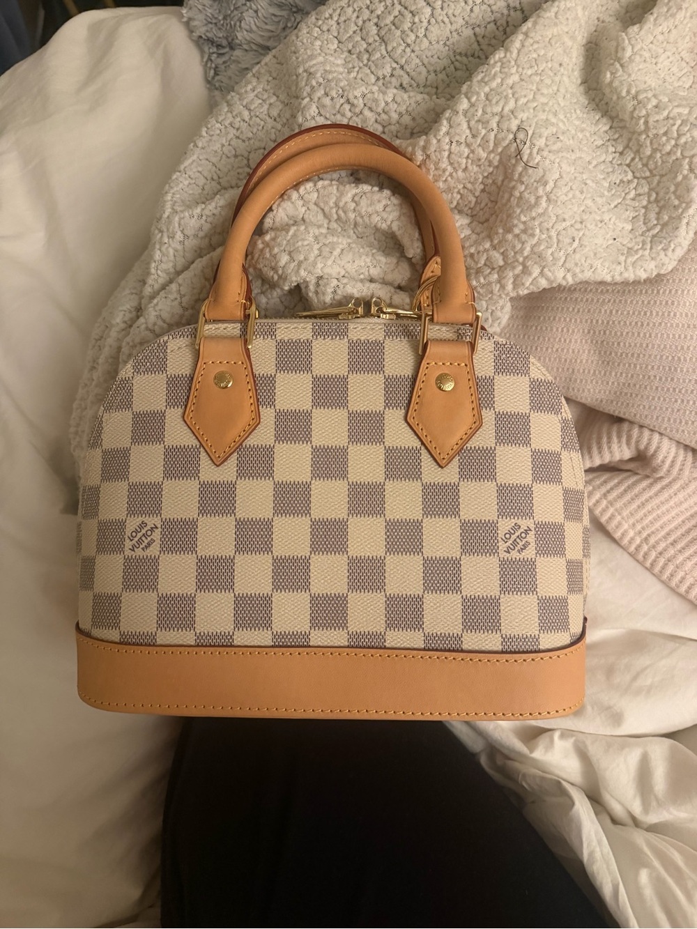 Louis Vuitton Damier Azur Mini Alma Satchel in Beige and Tan